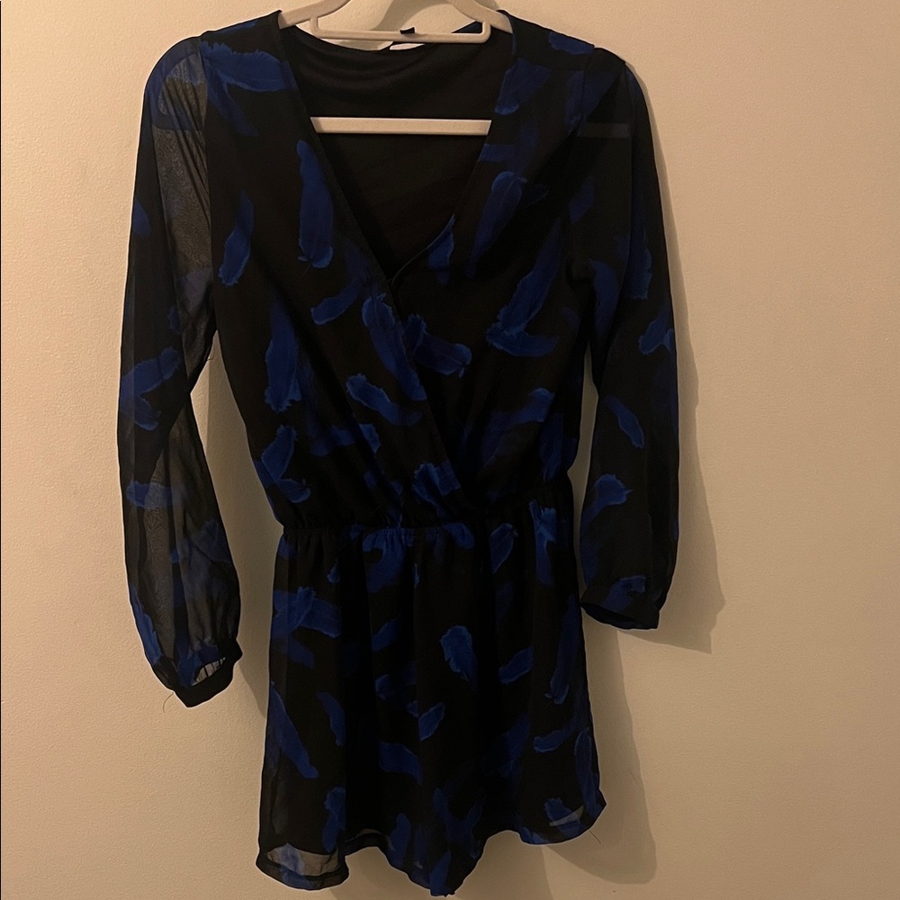 Express Black and Blue Sheer Long Sleeve Romper - Feather Print